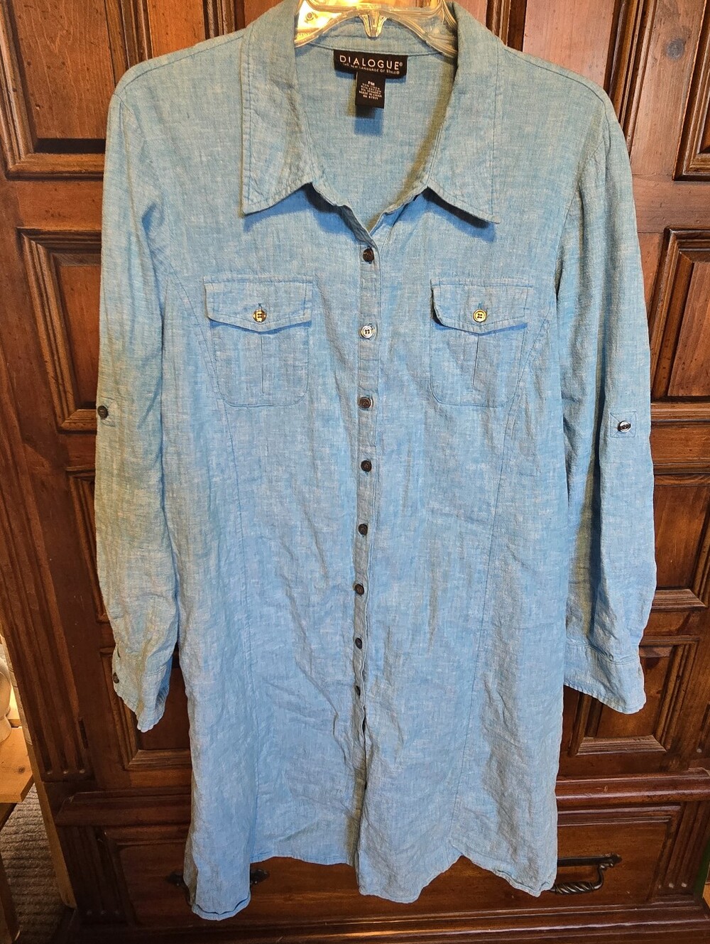 Dialogue Womens Linen Blend Blue Roll Tab Sleeve Collared Dress Size PM